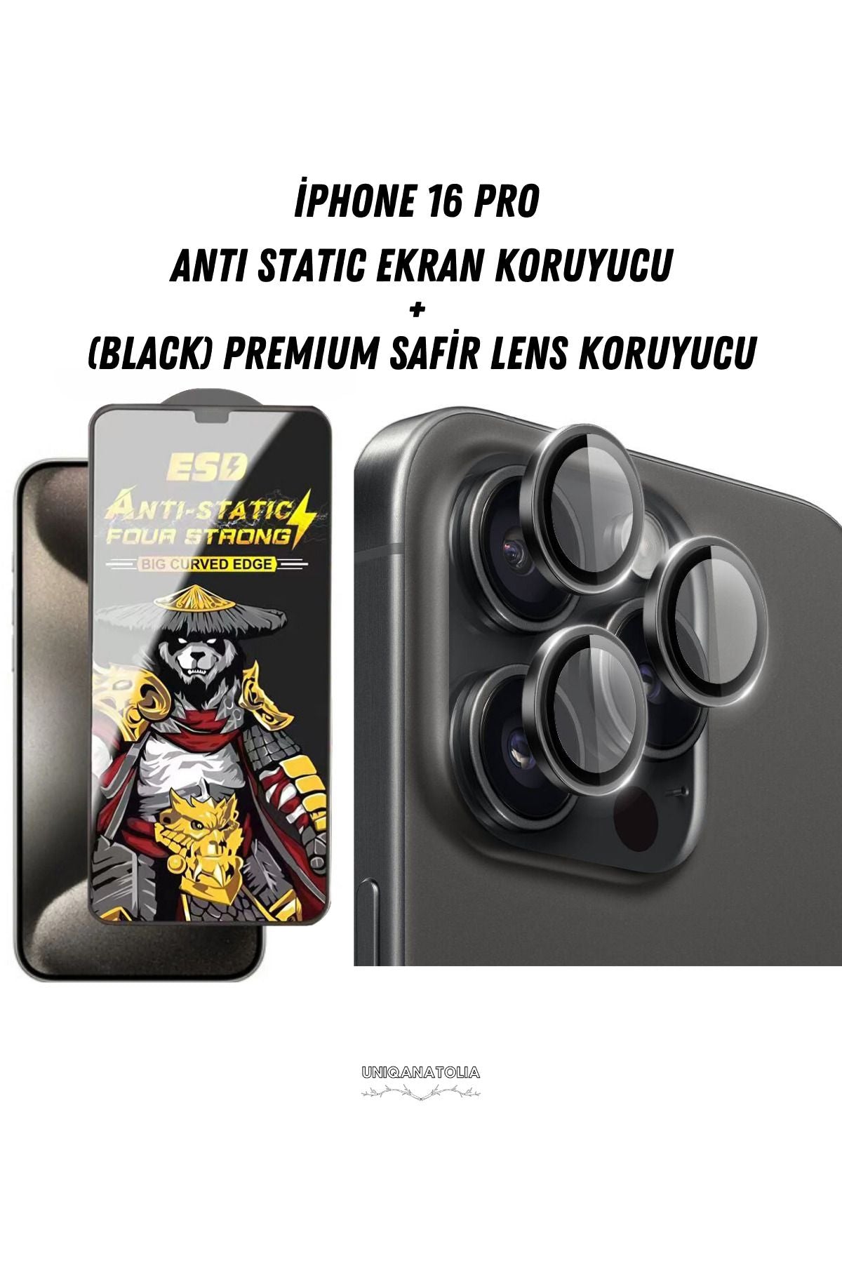 iPhone 16 Pro uyumlu Anti Static Ekran Koruyucu ve Safir Premium Lens Koruyucu