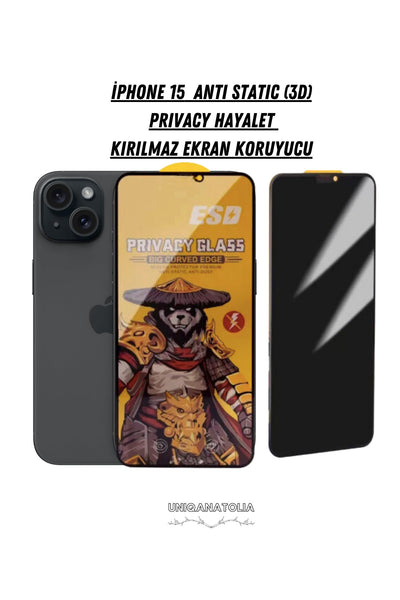 iPhone 15 Antı-Statıc 3D Prıvacy Hayalet Toz Tutmayan Kırılmaz Ekran Koruyucu