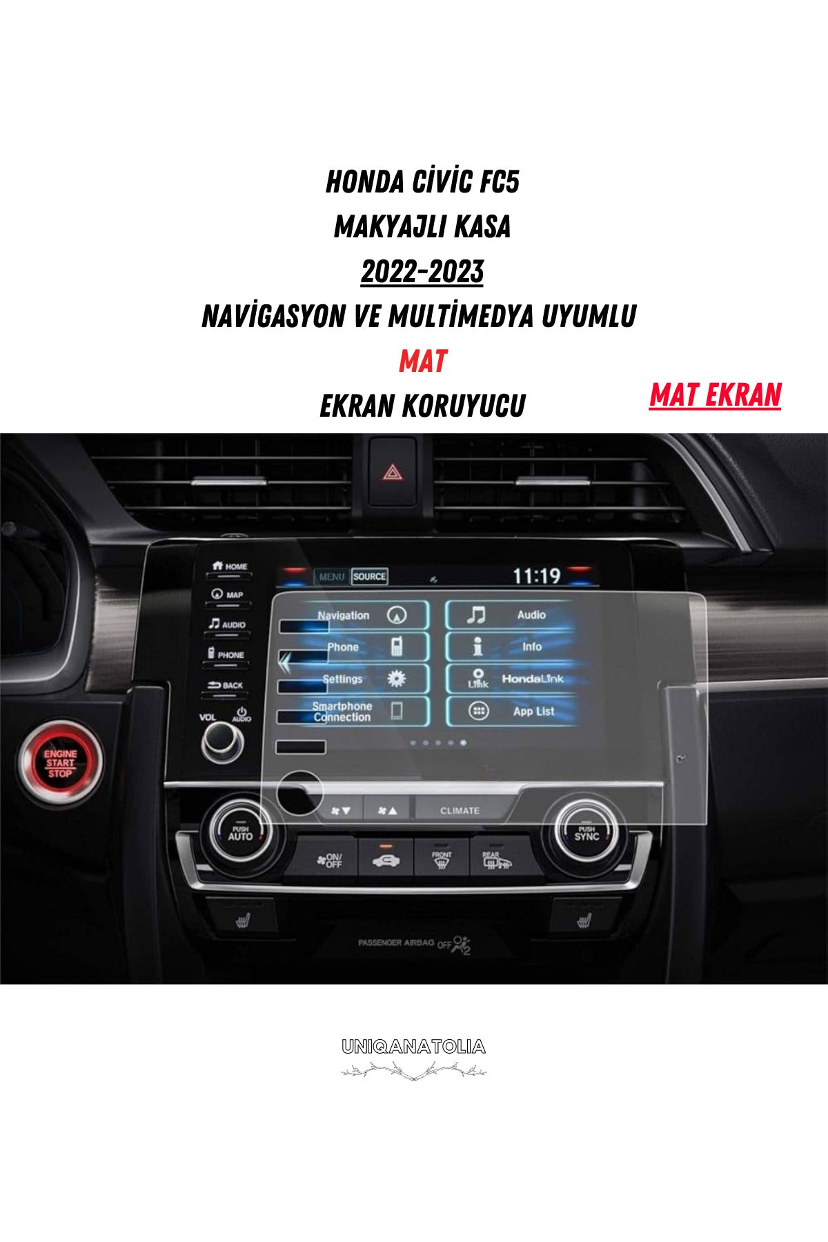 Honda Civic FC5 Makyajlı Kasa Navigasyon ve Multimedya Uyumlu Mat Ekran Koruyucu