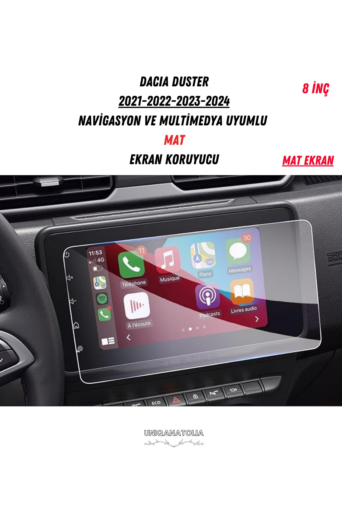 Dacia Duster 2021-2024 Navigasyon ve Multimedya Uyumlu Mat Ekran Koruyucu