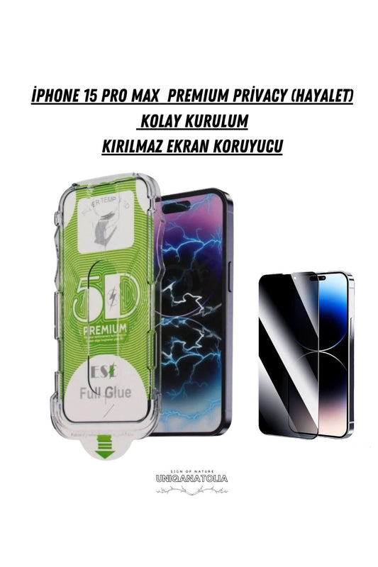 ıPhone 15 Pro Max Premium  Uyumlu Prıvacy Hayalet Magıc Glass Kolay Kurulum Kırılmaz Ekran Koruyucu
