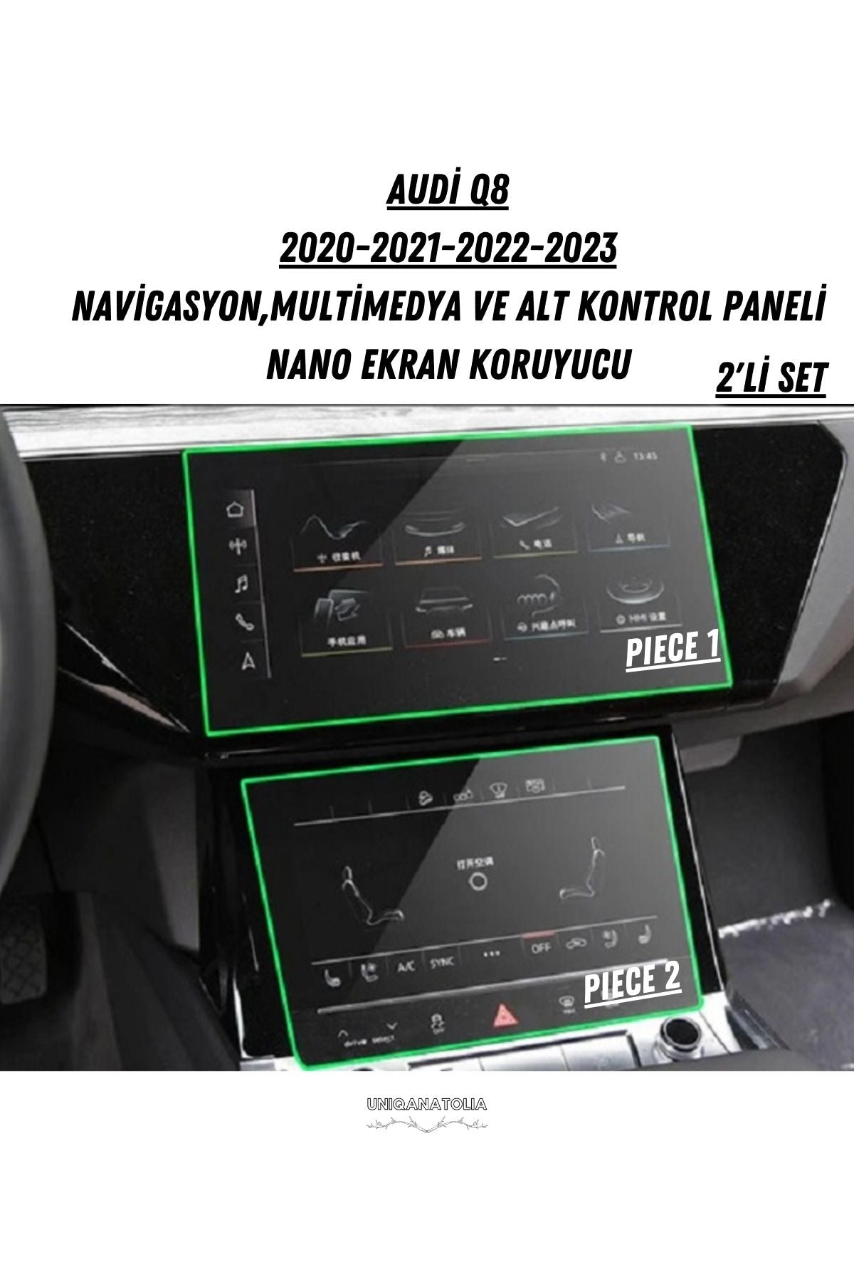 Audi Q8 2020 2021 2022 2023 Multimedya ve Alt Kontrol Panel Uyumlu Nano Ekran Koruyucu