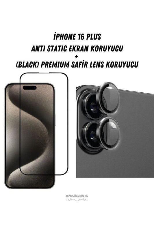 iPhone 16 Plus uyumlu Anti Static Ekran Koruyucu ve Safir Premium Lens Koruyucu