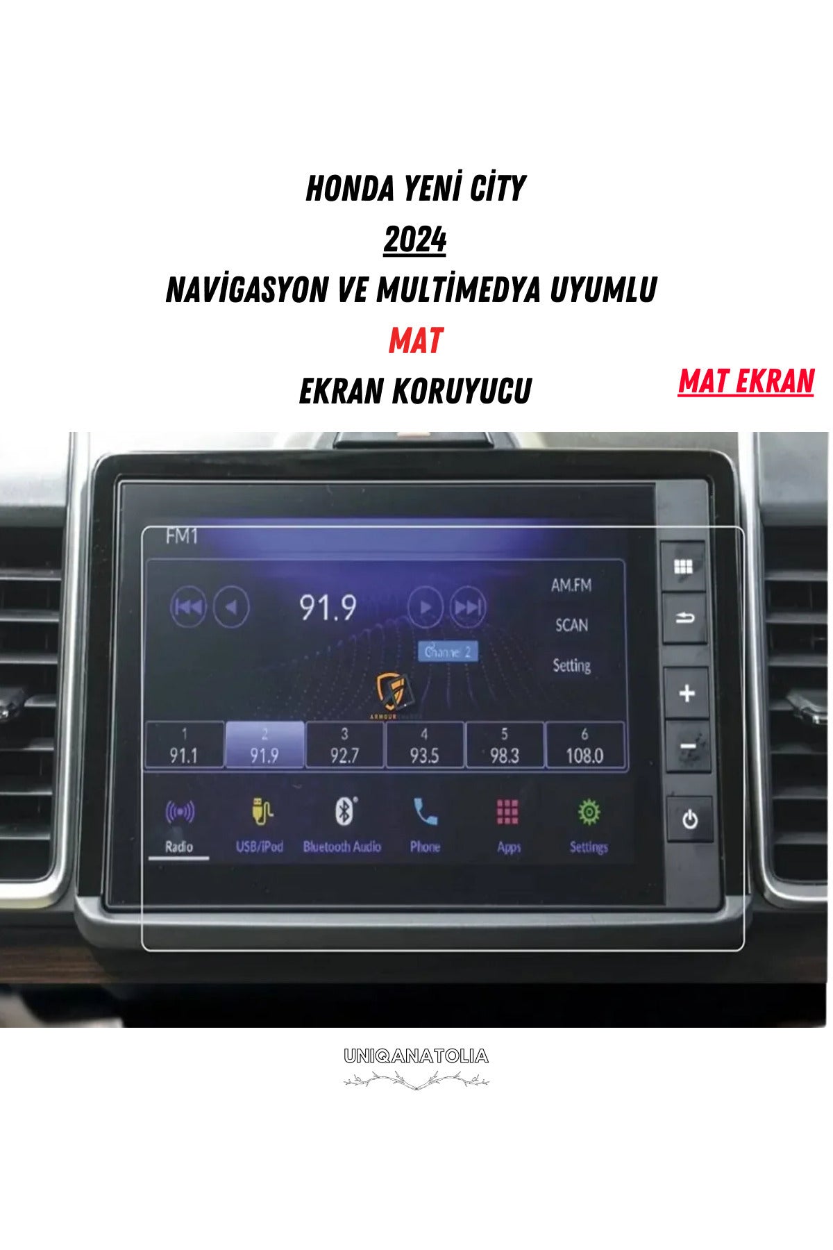 Honda Yeni City 2024 Navigasyon ve Multimedya Uyumlu Mat Ekran Koruyucu