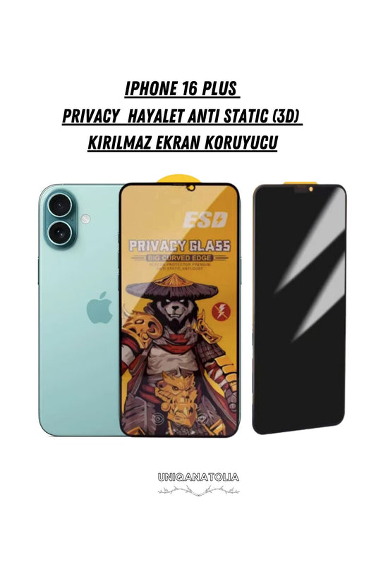 iPhone 16 Plus Anti-Static 3D Privacy Hayalet Toz Tutmayan Kırılmaz Ekran Koruyucu
